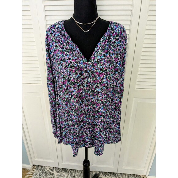 AVA VIV Tops Womens 1X Blouse Multi Floral Balloon Long Sleeve Boho Chic Cottage - Picture 1 of 13